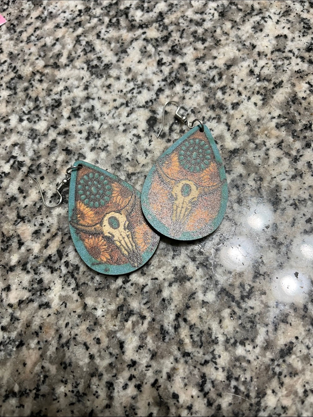 Teardrop Skull Print wooden Earrings - Turquoise & Rust